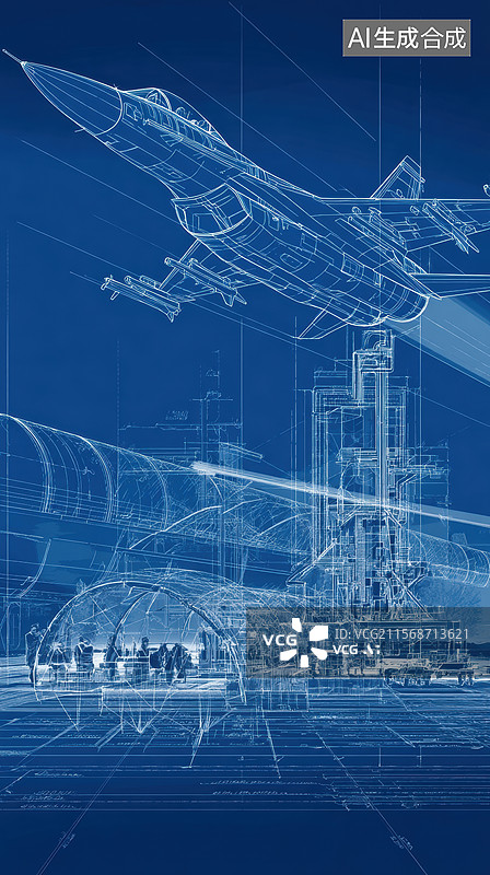 【AI数字艺术】航天器与发射塔的蓝图设计图片素材
