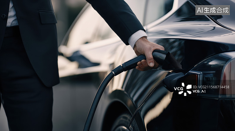 【AI数字艺术】男子正在为电动汽车充电图片素材