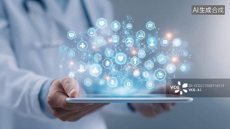 【AI数字艺术】医生手持平板显示医疗图标图片素材