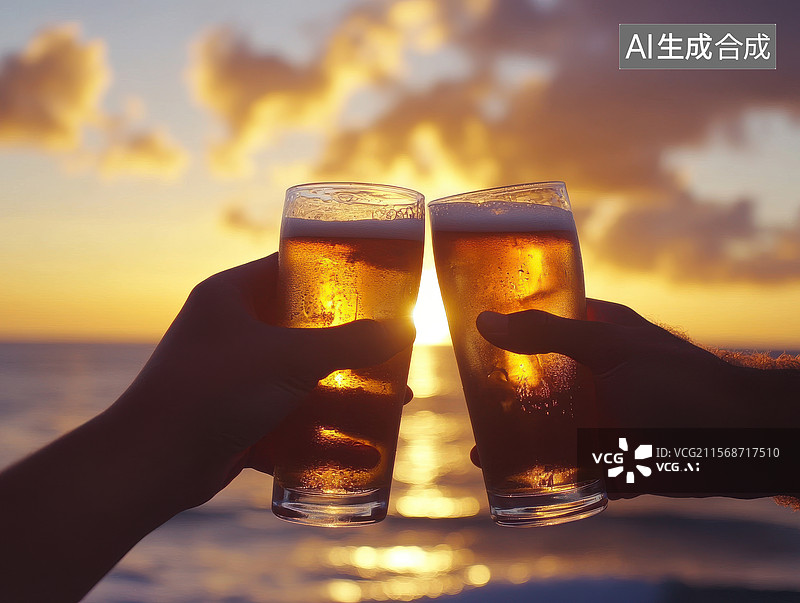 【AI数字艺术】日落时分的啤酒干杯图片素材