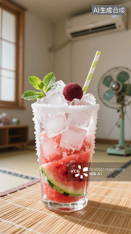 【AI数字艺术】立夏夏日玻璃杯西瓜冰沙薄荷叶冰块凉爽场景图片素材