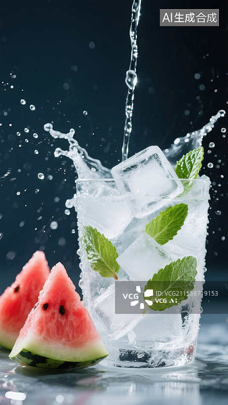 【AI数字艺术】立夏夏日玻璃杯西瓜冰沙薄荷叶冰块凉爽场景图片素材