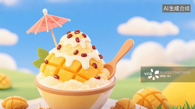 【AI数字艺术】卡通风格：芒果刨冰山顶，淋炼乳撒红豆，纸伞装饰，木勺插在冰沙中图片素材