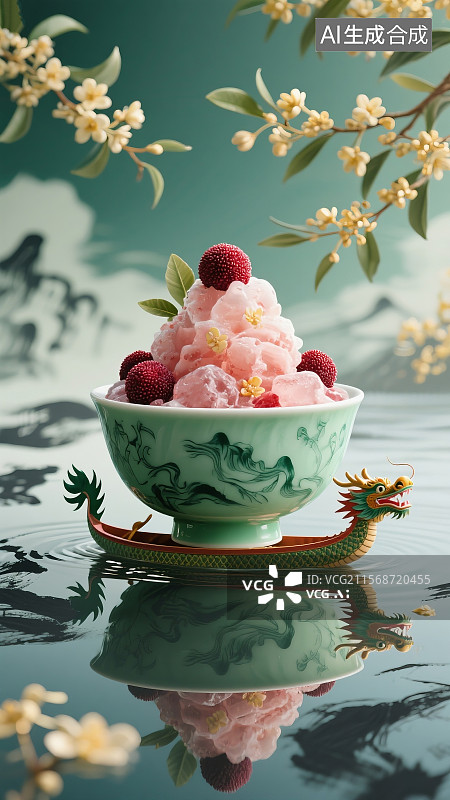【AI数字艺术】立夏夏日国潮风青瓷碗杨梅冰沙桂花龙舟倒影水墨纹理图片素材
