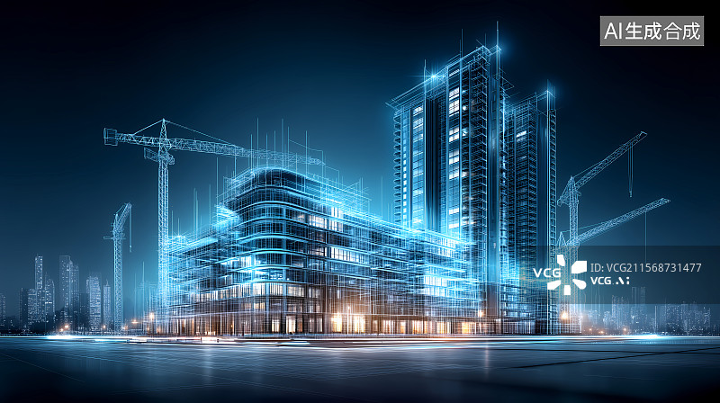 【AI数字艺术】城市建筑工地和设计蓝图全息投影图片素材
