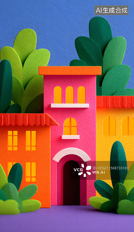 【AI数字艺术】剪纸风城堡房屋场景插画图片素材