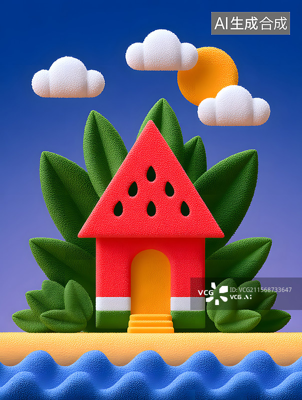 【AI数字艺术】夏至节气的3D西瓜屋插画图片素材