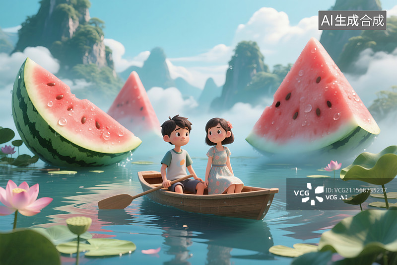 【AI数字艺术】3D夏日西瓜山水图片素材