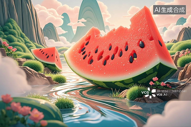 【AI数字艺术】3D夏日西瓜山水图片素材