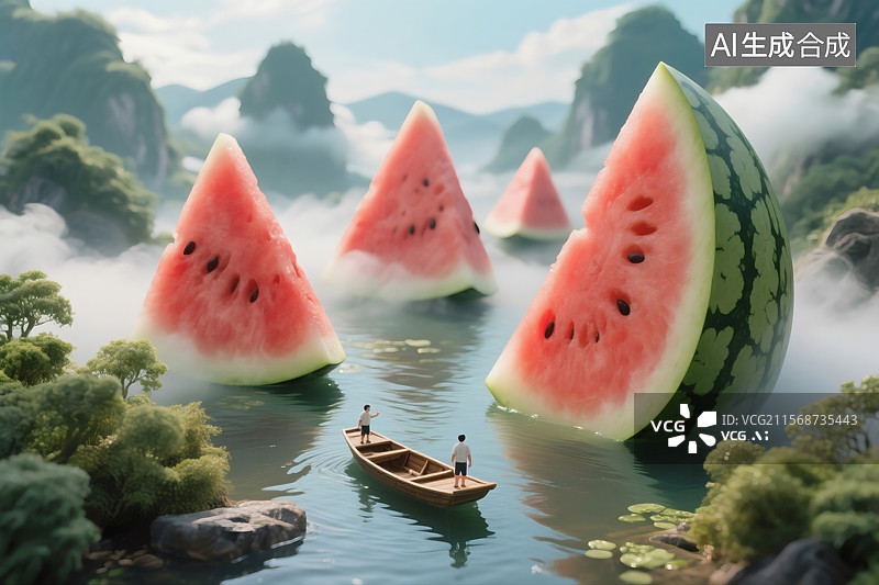 【AI数字艺术】3D夏日西瓜山水图片素材