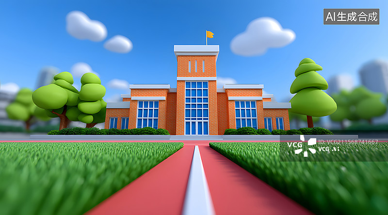【AI数字艺术】学校的操场和教学楼3D场景图片素材
