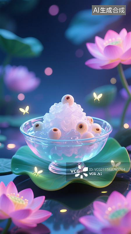 【AI数字艺术】立夏夏至莲子银耳冰羹玻璃碗荷叶托底萤火虫微光图片素材