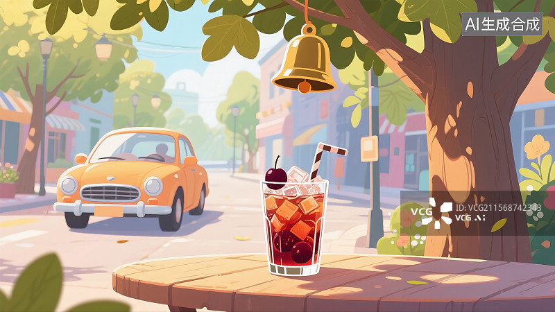 【AI数字艺术】夏日街道车铃铛响冰镇酸梅汤玻璃杯放在桌子上梧桐树荫下图片素材