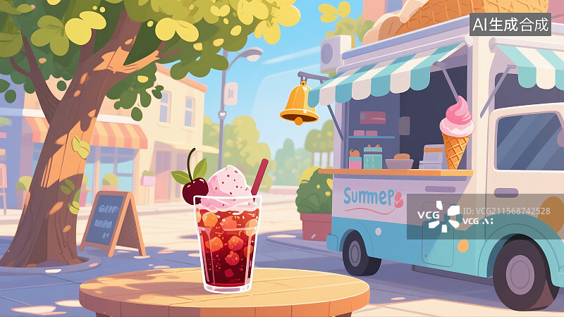 【AI数字艺术】夏日街道，冰淇淋车铃铛响，冰镇酸梅汤玻璃杯放在桌子上，梧桐树荫下图片素材
