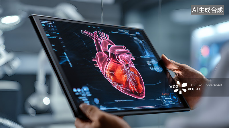 【AI数字艺术】平板电脑显示的数字心脏解剖图图片素材