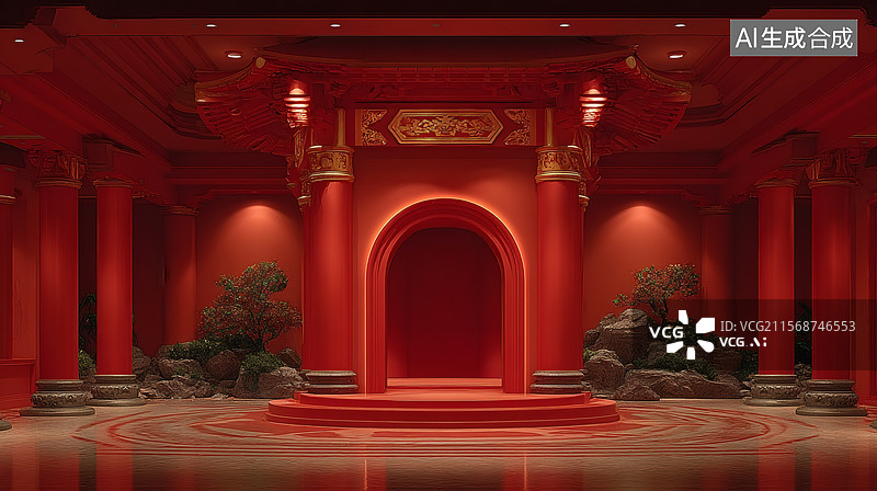 【AI数字艺术】中式红建筑风格室内设计图片素材