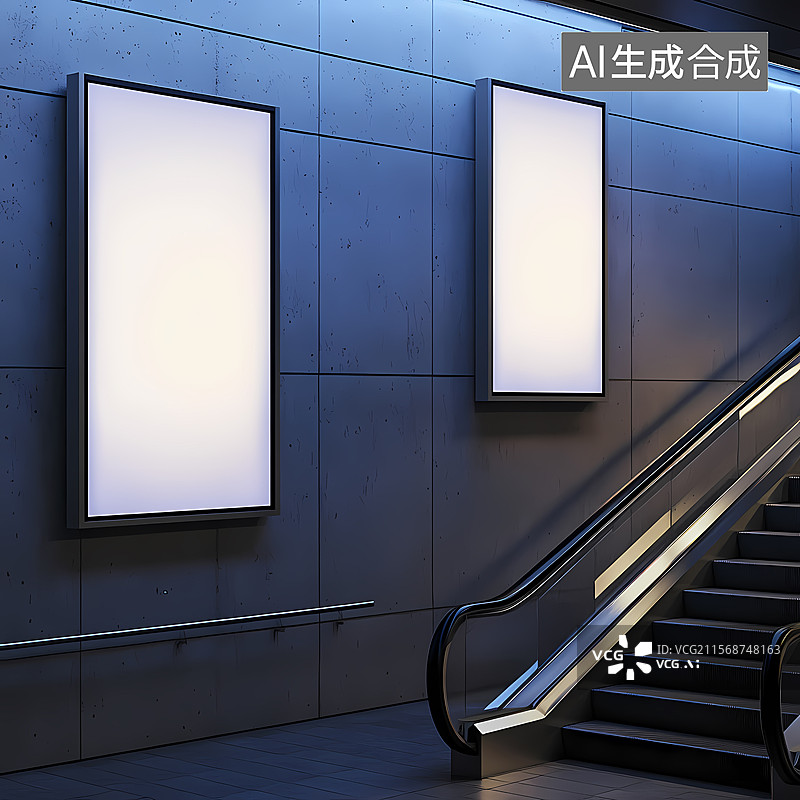 【AI数字艺术】楼梯旁空白广告牌等待填充图片素材