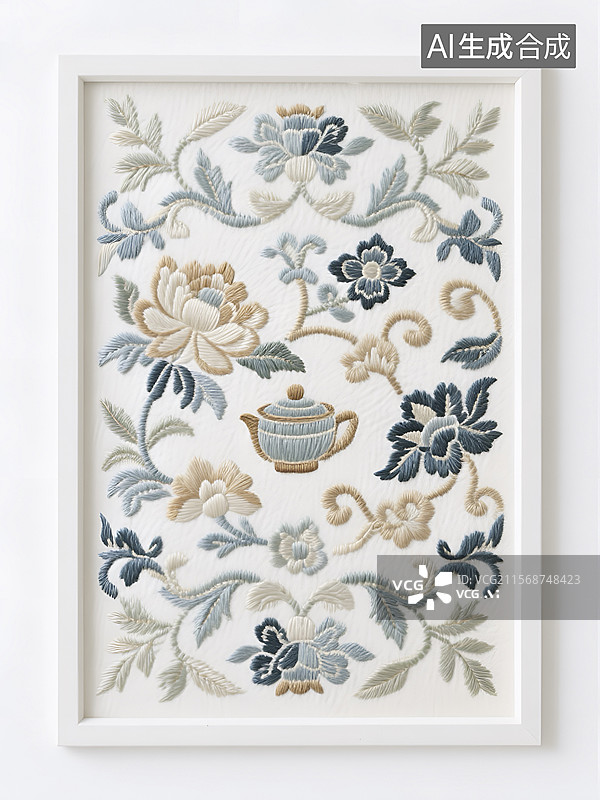 【AI数字艺术】中式刺绣风格的茶巾图案设计图片素材