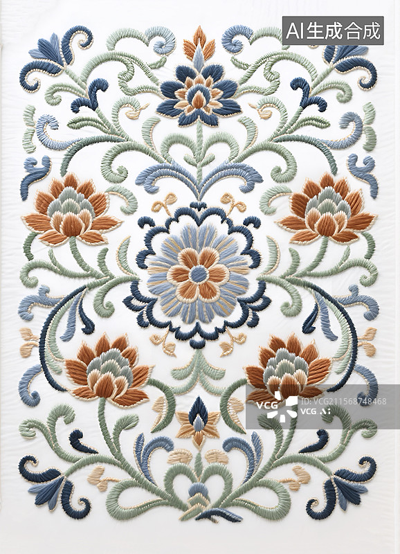 【AI数字艺术】中式刺绣风格的茶巾图案设计图片素材