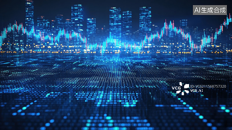 【AI数字艺术】一个充满未来科技感的数字城市景观，由发光的线条和点阵构成。图片素材