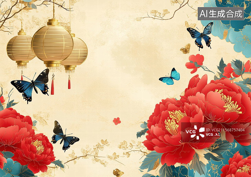 【AI数字艺术】灯笼蝴蝶与莲花图片素材