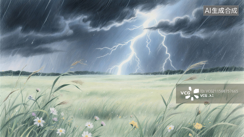 【AI数字艺术】雷雨天气，草地上野花摇曳，闪电划破乌云密布的天空图片素材