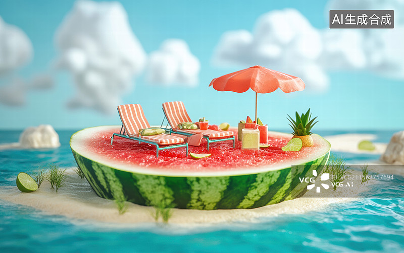 【AI数字艺术】夏日西瓜泳池派对图片素材