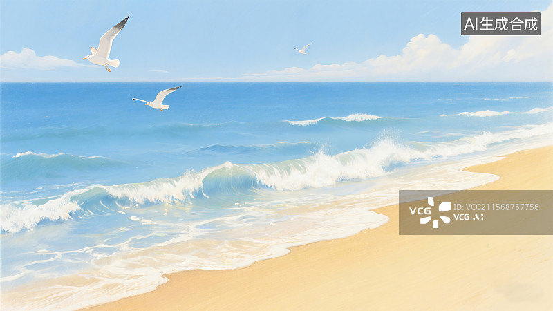 【AI数字艺术】海鸥在蓝天白云下飞翔，海浪拍打沙滩，画面宁静美丽图片素材
