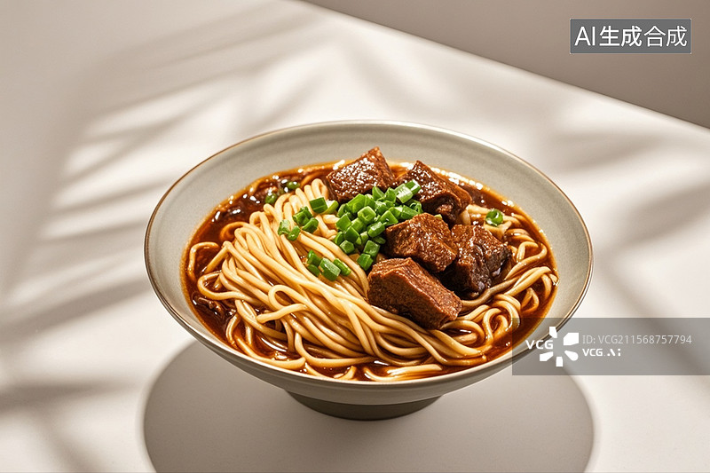 【AI数字艺术】一碗放在白色桌子上的红烧牛肉面图片素材