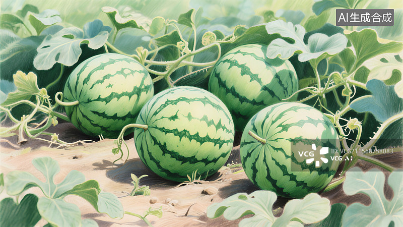 【AI数字艺术】阳光下绿油油的西瓜田里，几个成熟的西瓜与藤蔓和叶子交织在一起图片素材