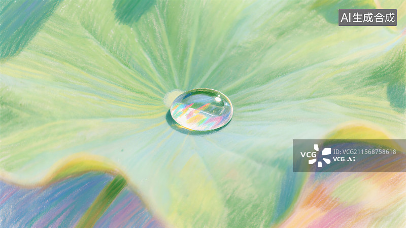 【AI数字艺术】一片绿色的荷叶上有一颗透明的水滴，周围有柔和的彩色光晕图片素材