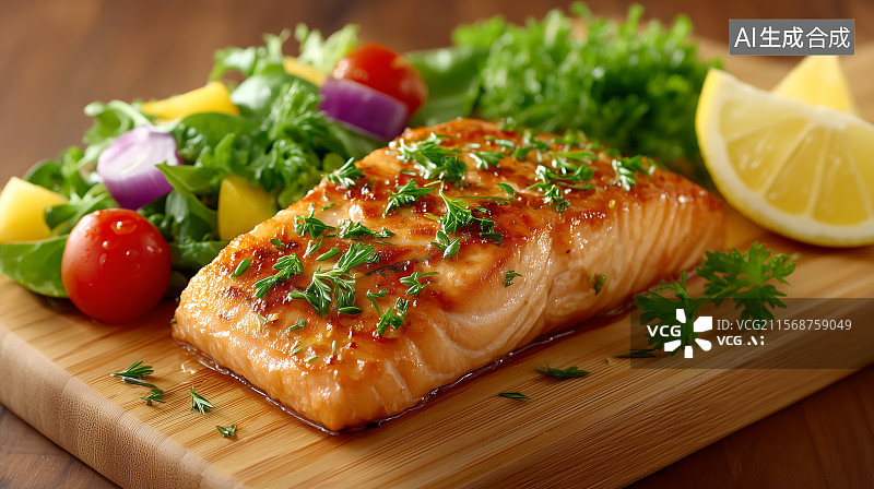 【AI数字艺术】烤三文鱼配蔬菜沙拉图片素材