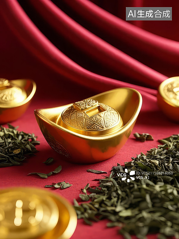 【AI数字艺术】金元宝与茶叶的静物布置图片素材