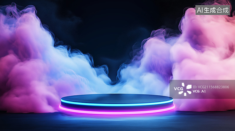 【AI数字艺术】霓虹灯环绕的圆形展示台背景图图片素材