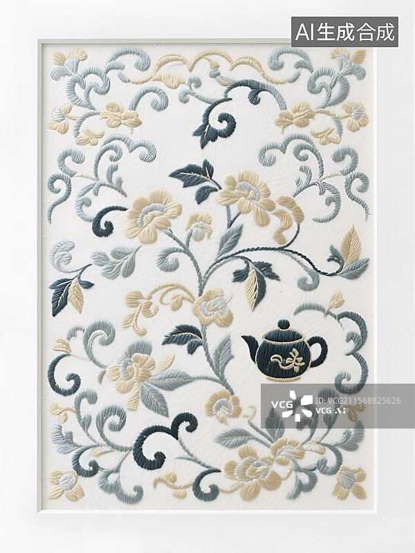 【AI数字艺术】中式刺绣风格的茶巾图案设计图片素材