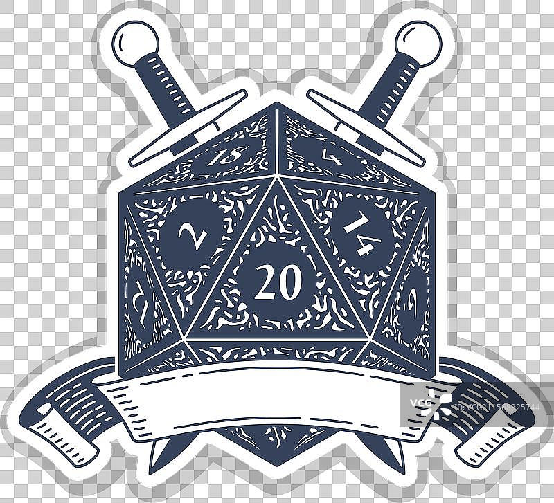 带有丝带和剑的d20骰子贴纸图片素材