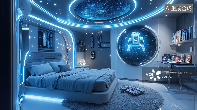 【AI数字艺术】银灰色调科技未来风格儿童房蓝色灯带反光地板3D室内装饰设计图片素材