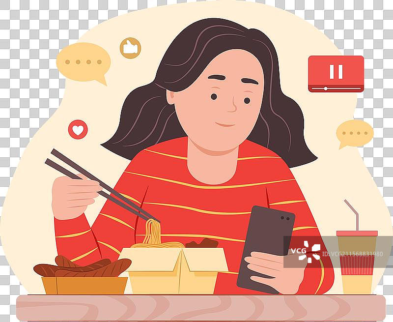 青少年女孩一边吃东西一边看智能手机图片素材