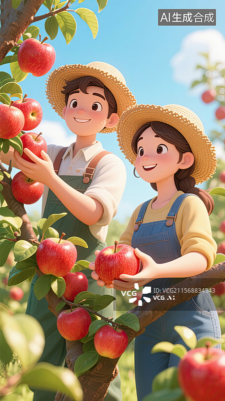 【AI数字艺术】3D，亚洲男女，农田，摘苹果，插画图片素材