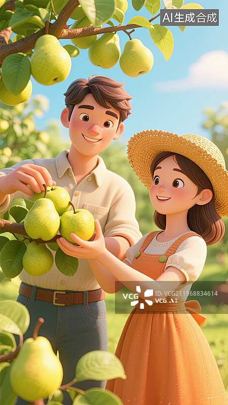 【AI数字艺术】3D，男孩，女孩，摘梨，插画图片素材