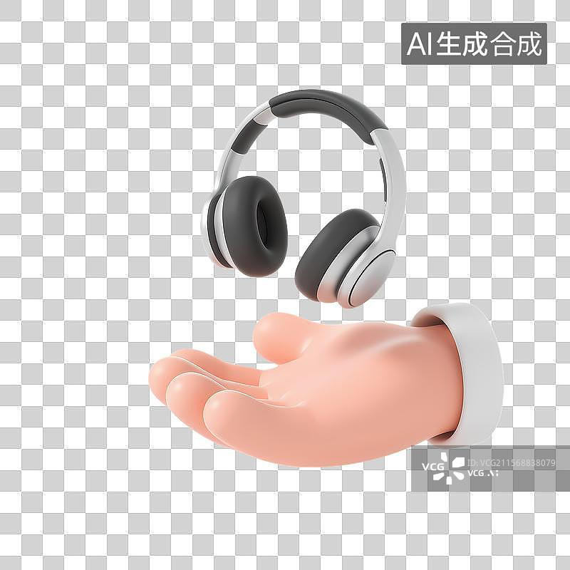 【AI数字艺术】3D卡通手掌托举蓝色耳机图标图片素材