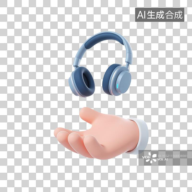 【AI数字艺术】3D卡通手掌托举蓝色耳机图标图片素材