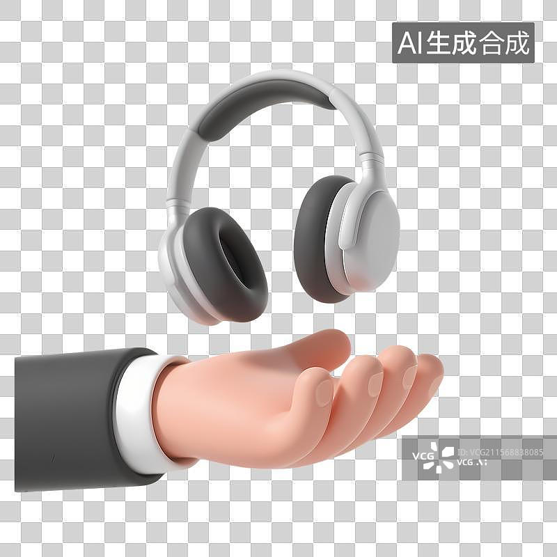 【AI数字艺术】3D卡通手掌托举蓝色耳机图标图片素材