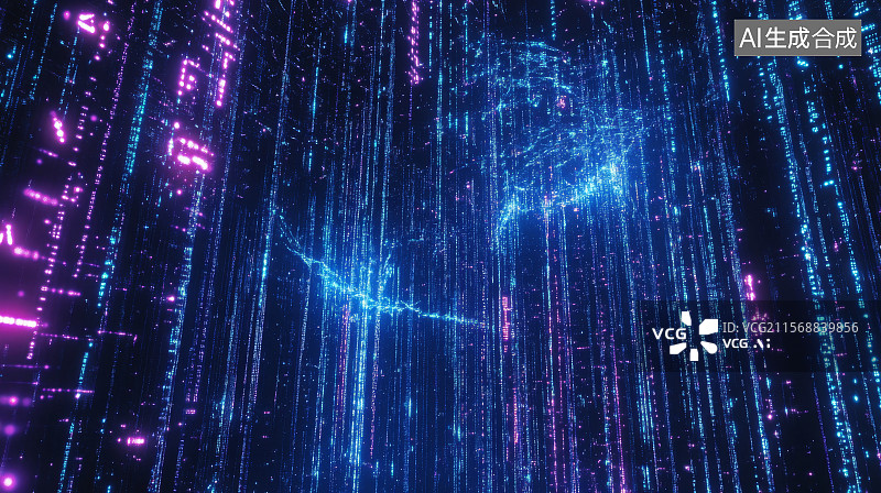 【AI数字艺术】数字粒子垂直流动的科技感蓝紫背景图片素材