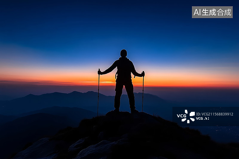 【AI数字艺术】日出时分的登山者图片素材