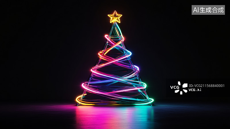 【AI数字艺术】紫粉色光轨构成的圣诞树剪影图案图片素材