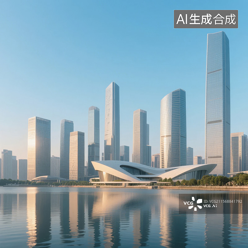 【AI数字艺术】现代城市天际线与水边建筑图片素材
