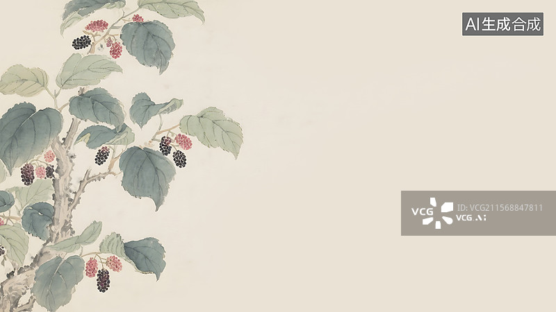 【AI数字艺术】水墨画桑叶桑葚桑树居左图片素材
