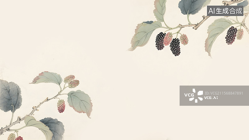 【AI数字艺术】水墨画桑叶桑葚桑树两侧图片素材
