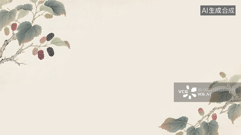 【AI数字艺术】水墨画桑叶桑葚桑树两侧图片素材